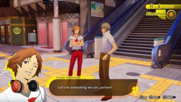 p4r yosuke Two teenage boys talking on the street in Persona 4 Revival.