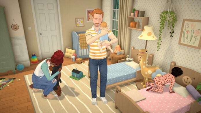 paralives screenshot A man holding a baby in a bedroom in Paralives