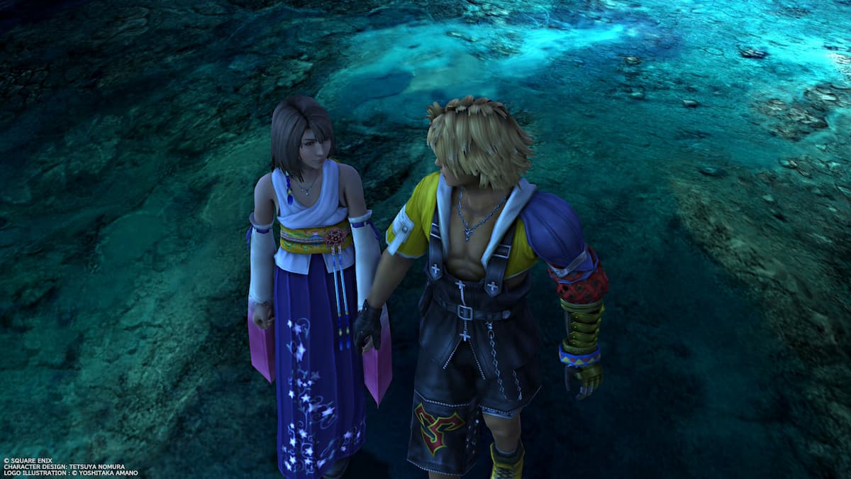 A boy and girl holding hands in Final Fantasy X