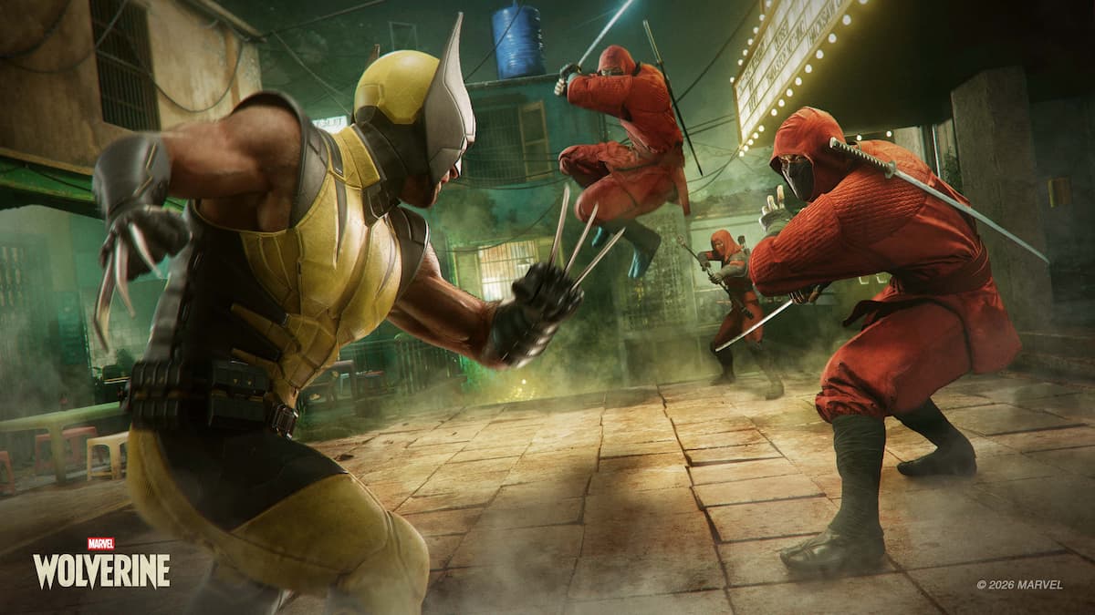 A man in a yellow suit facing off against fighters in red