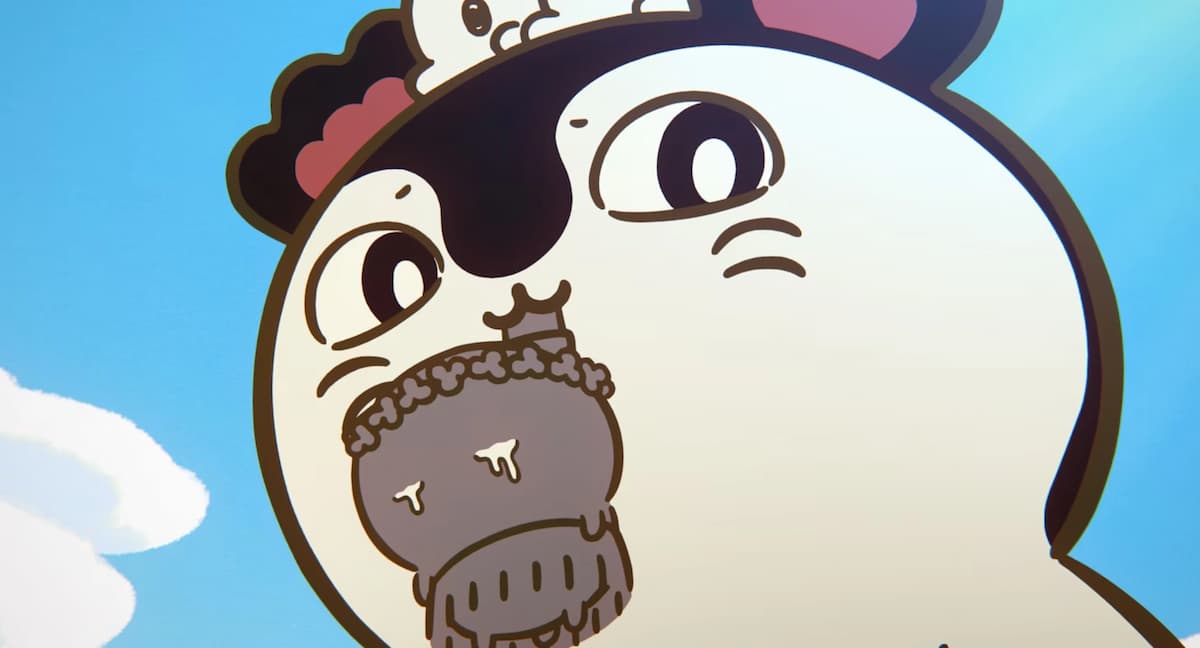 A giant cartoon siren under the blue sky in the Chiikawa movie.