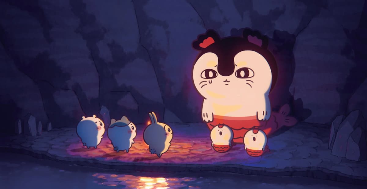 Three animals looking at a big siren in a cave