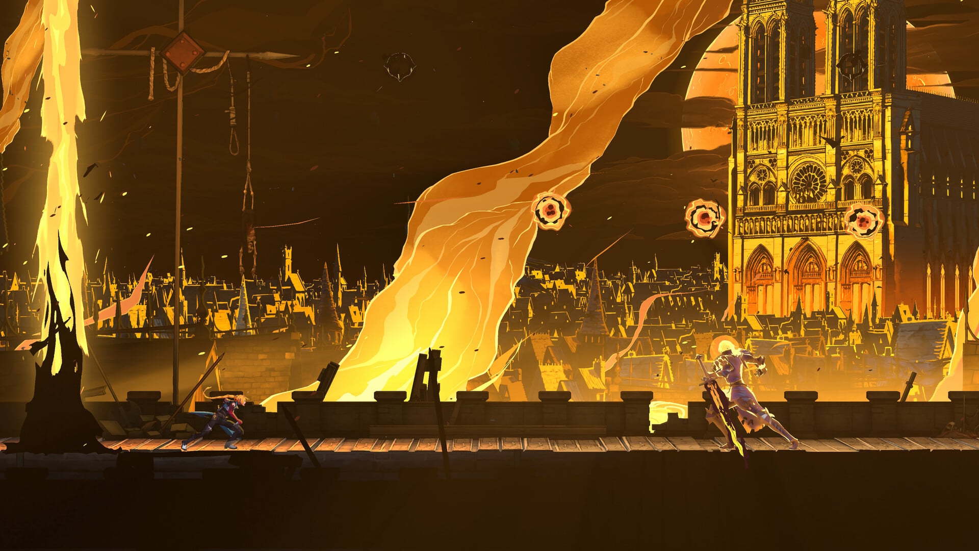 Rose Belmont fighting an enemy in front of fire
