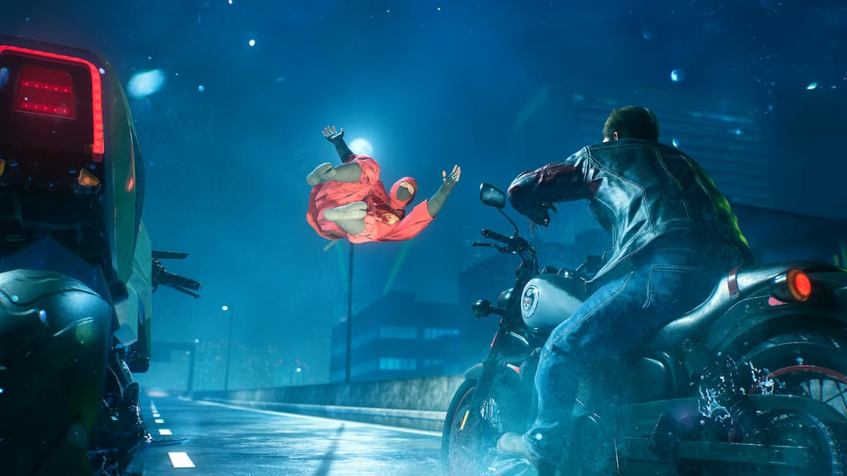 A man on a bike and a man in the air in Marvel's Wolverine