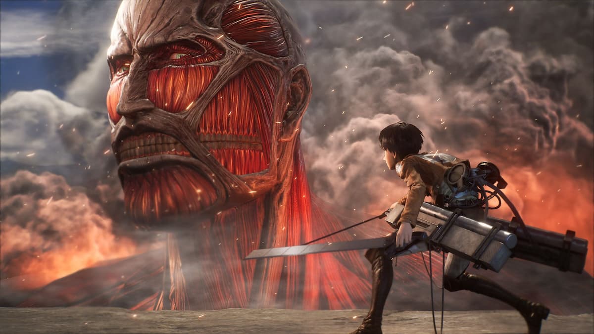 A boy looking at a giant skeletal head.
