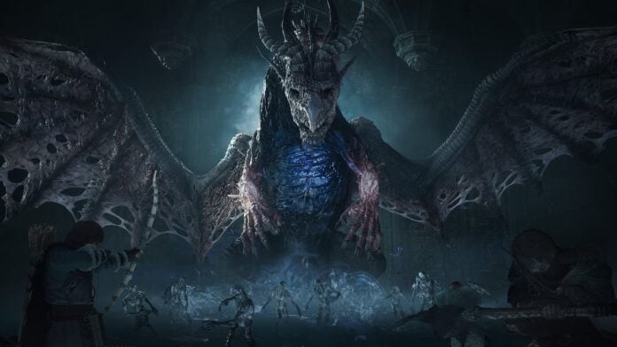 dark arisen cover A dragon with a dark blue hue in Dragon's Dogma II: Dark Arisen
