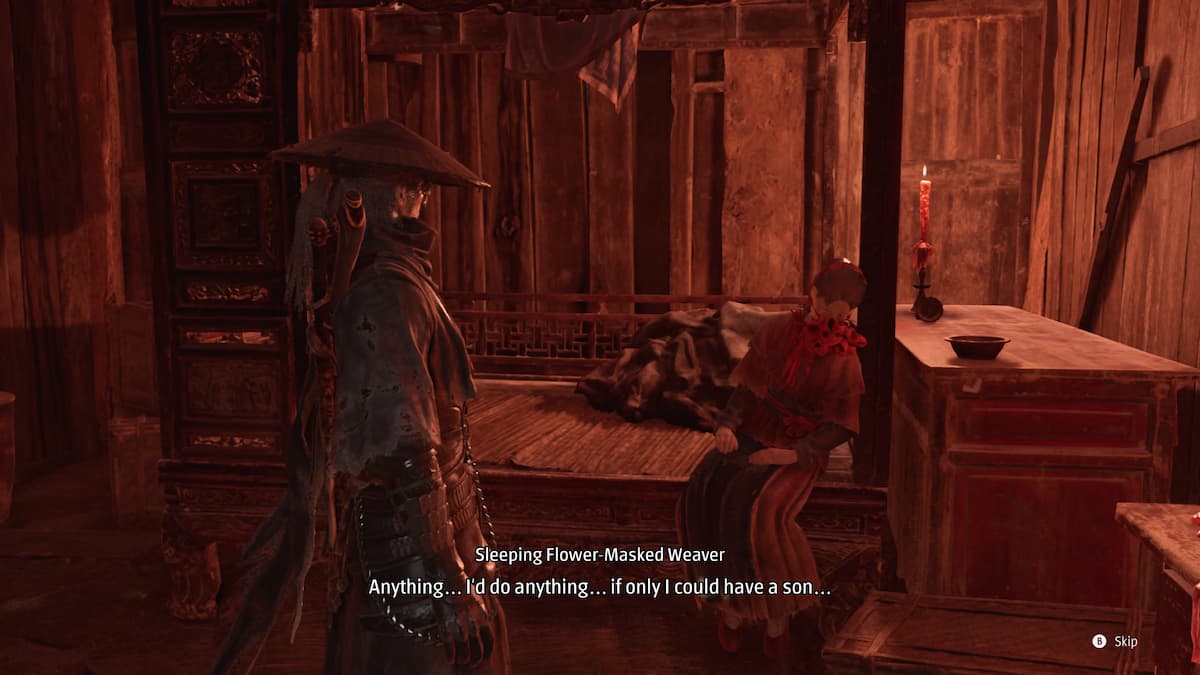 A man looking at a woman with a red ribbon on her face in Phantom Blade Zero