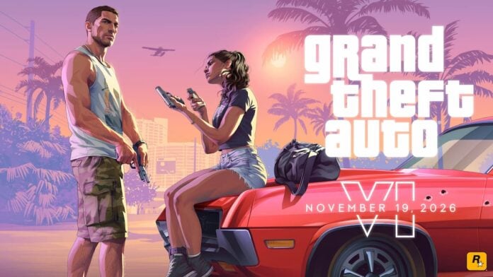 GTA VI Launch Trailer A man and woman hanging out by a car in GTA VI