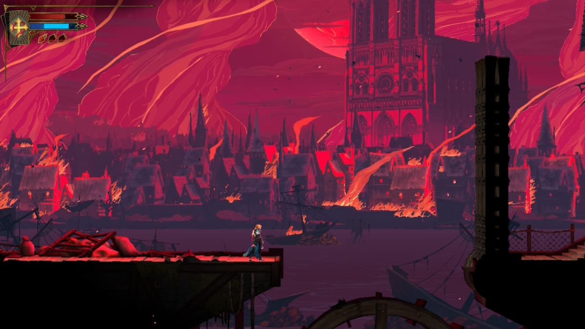 A woman looking at a city on fire