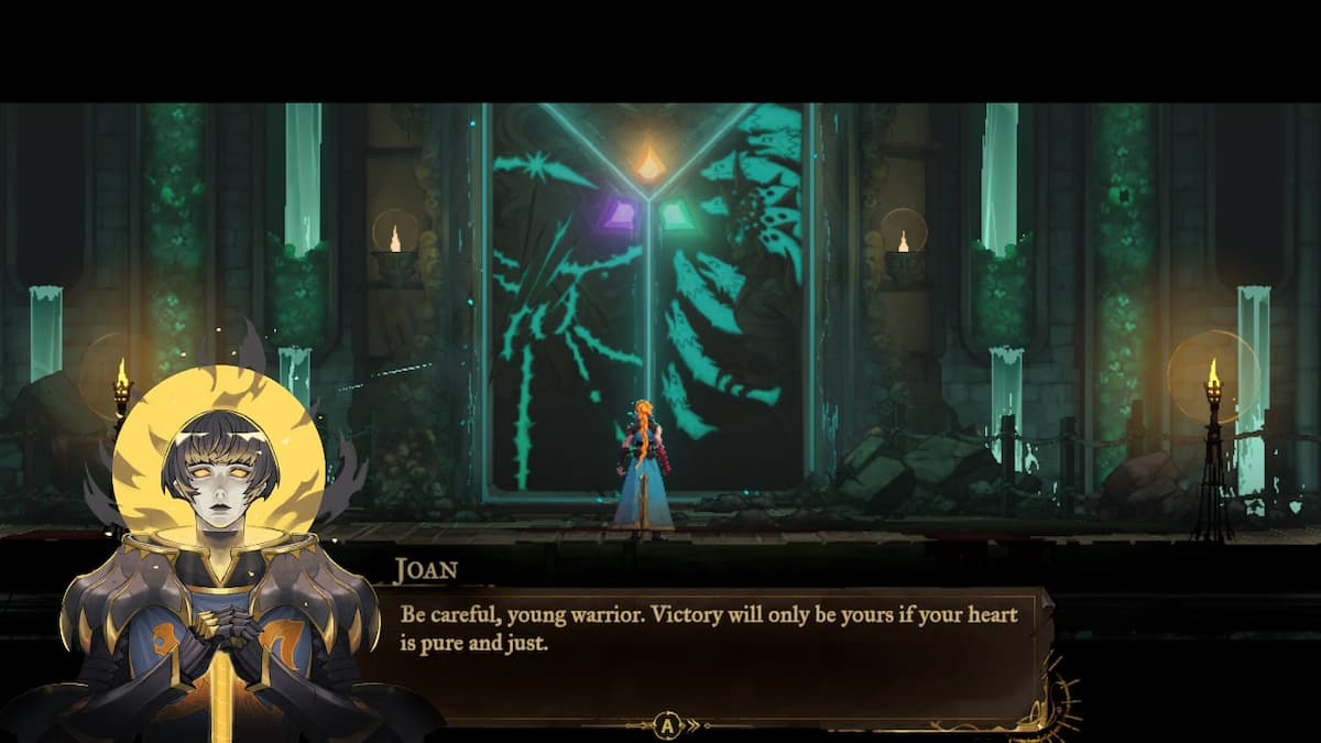 A woman standing in front of a door with a green glow for our Castlevania: Belmont's Curse review