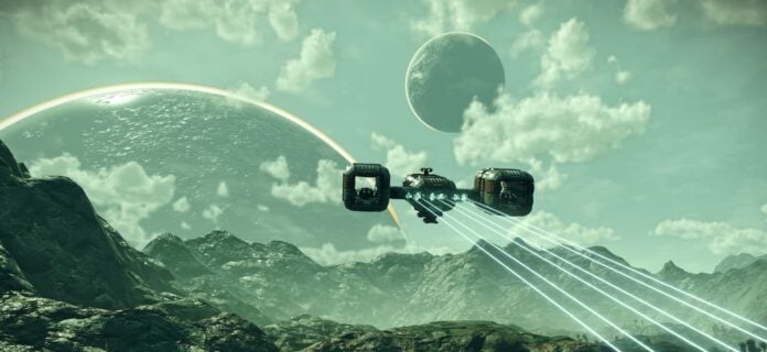 No Man's Sky iPhone Screen 1 A spaceship flying in No Man's Sky