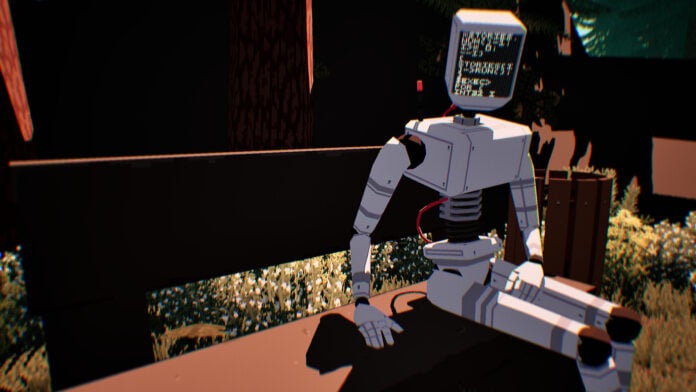 Virtue-and-a-Sledgehammer-Robot-Bench A robot sitting on a bench in Virtue and a Sledgehammer