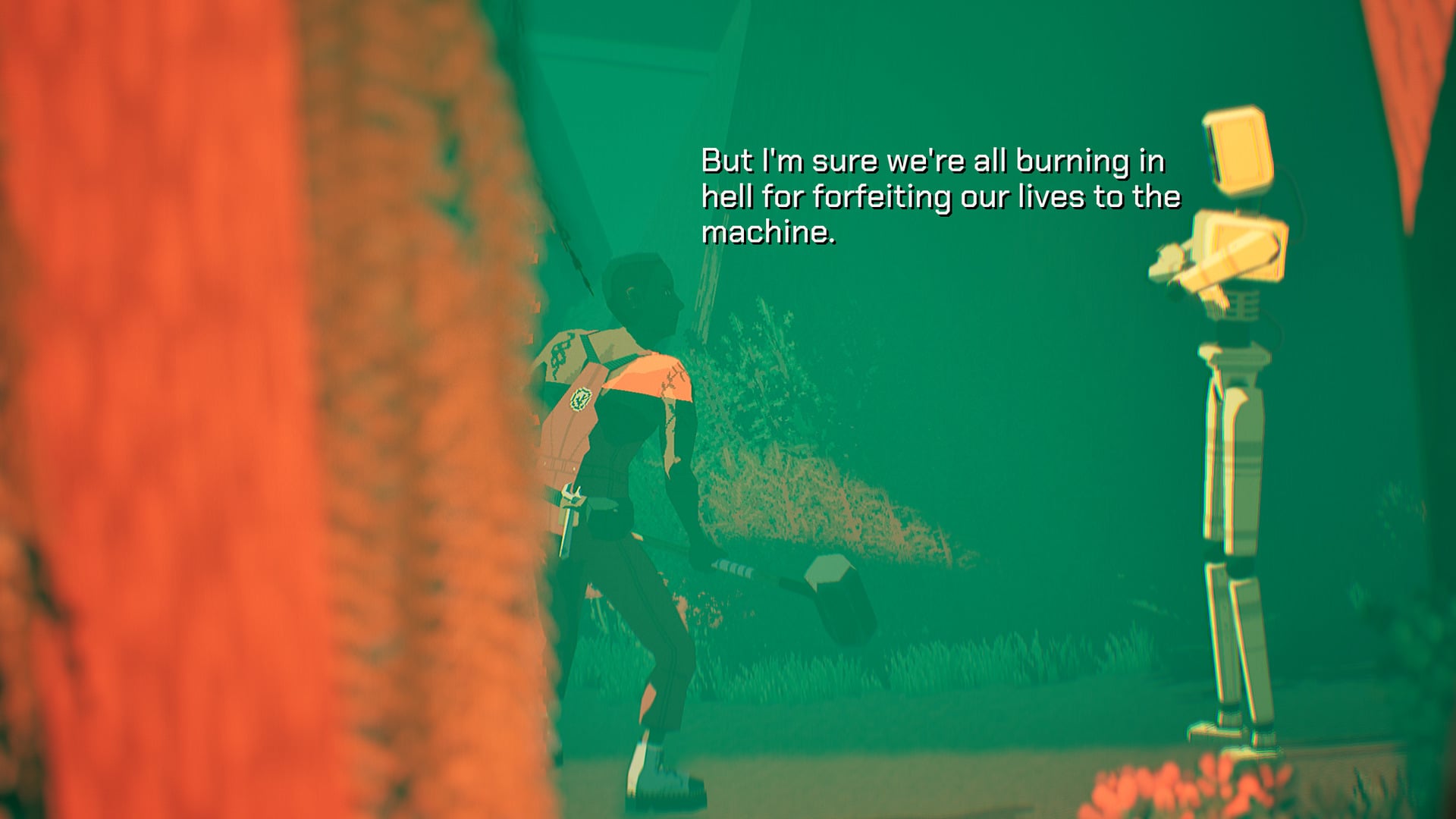 Pratelle speaking to a robot in Virtue and a Sledgehammer